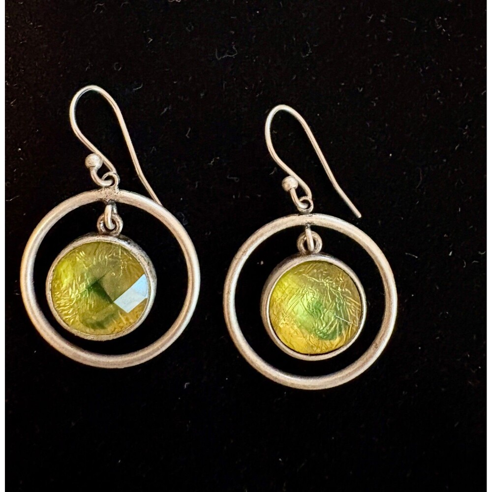 La Isla Silver Tone Yellow Glass Drop Earrings Circle Dangle Signed Boho
